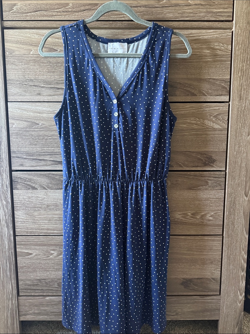 French Grey Navy Polka Dot Sleeveless V-Neck Dress